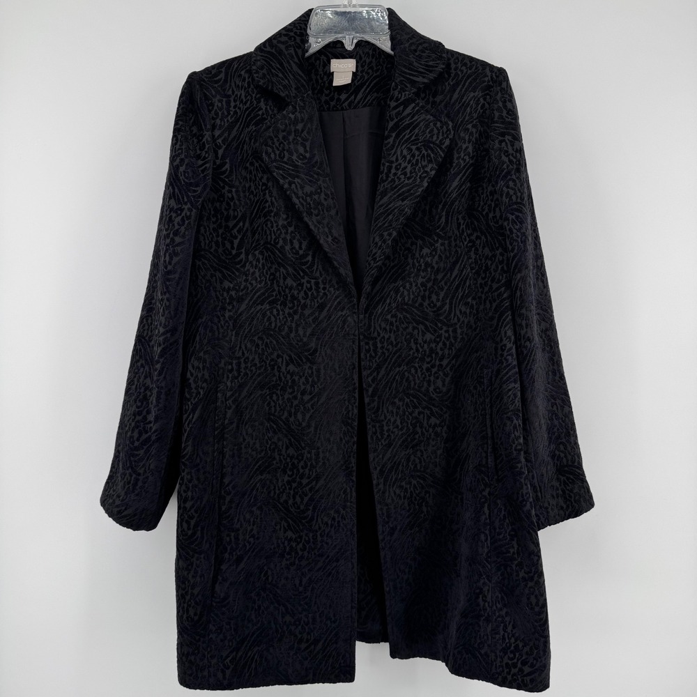 Chico's Black Velvet Animal Print Coat 1 M Whimsigoth Goth Witchy Dark Romantic - Picture 2 of 13